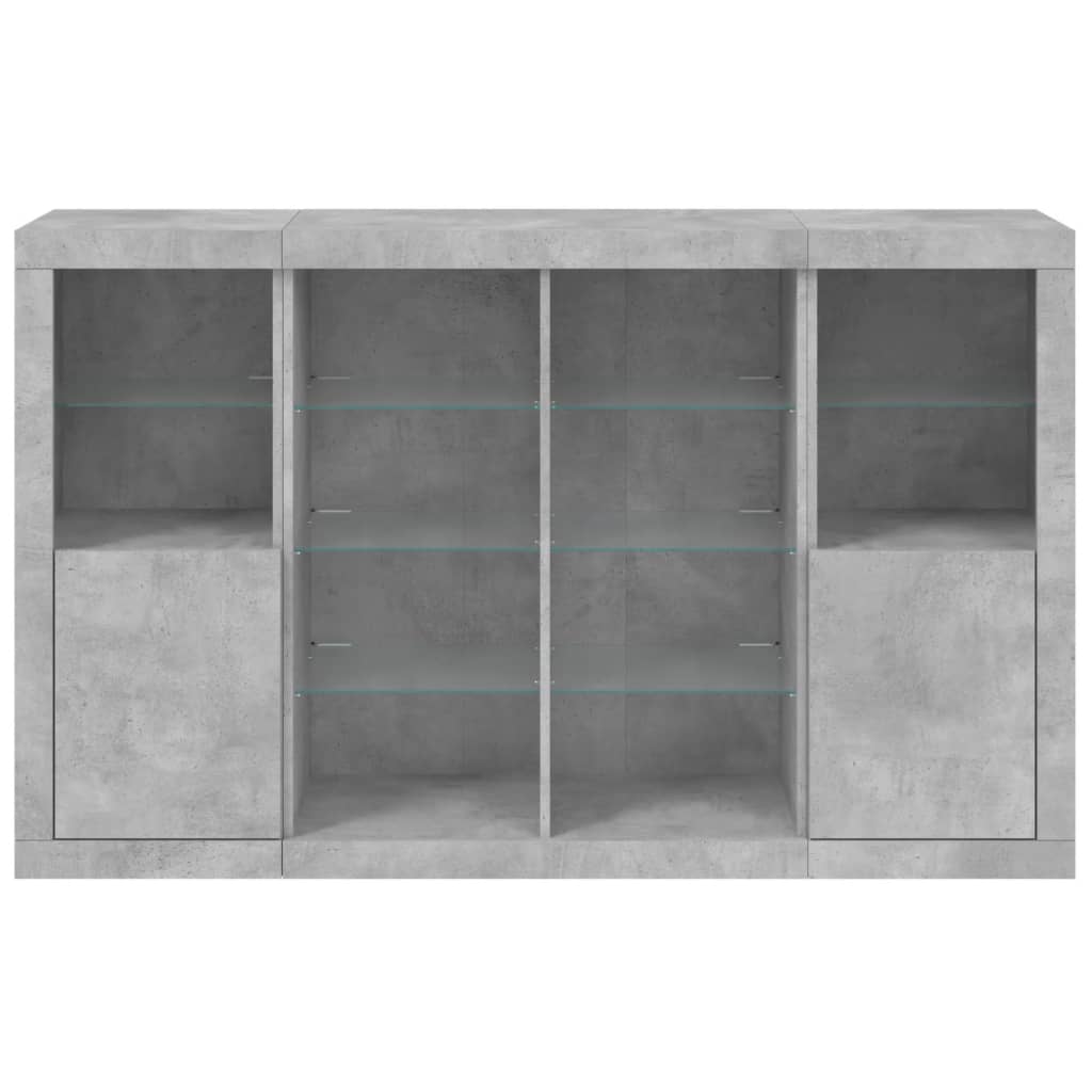 vidaXL Servantă cu lumini LED, 3 buc., gri beton, lemn prelucrat