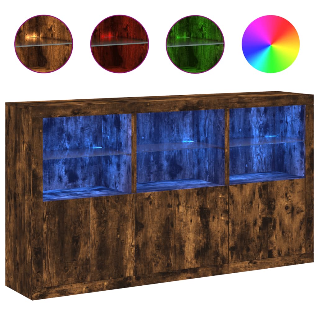 vidaXL Servantă cu lumini LED, stejar fumuriu, 181,5x37x100 cm