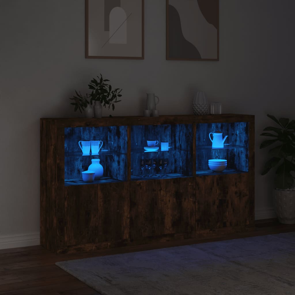 vidaXL Servantă cu lumini LED, stejar fumuriu, 181,5x37x100 cm