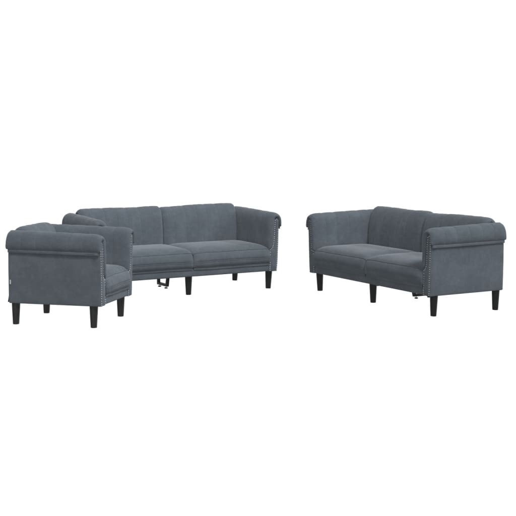 vidaXL Set de canapele, 3 piese, gri închis, catifea vidaXL Set de canapele, 3 piese, gri închis, catifea