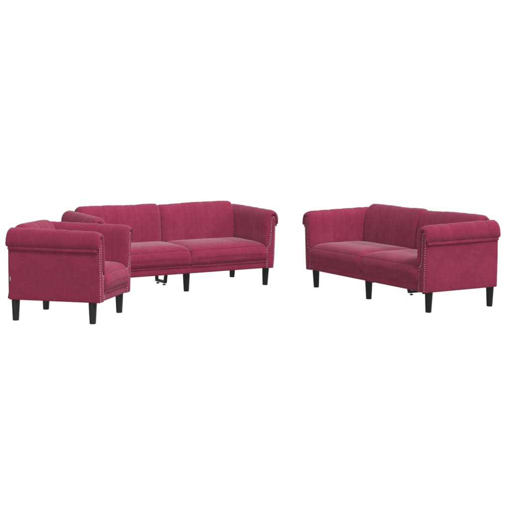 vidaXL Set de canapea, 3 piese, roșu vin, catifea