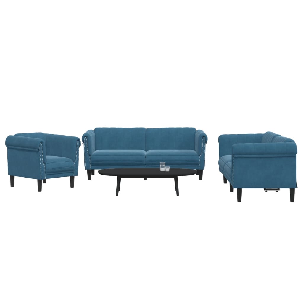 vidaXL Set de canapele, 3 piese, albastru, catifea vidaXL Set de canapele, 3 piese, albastru, catifea