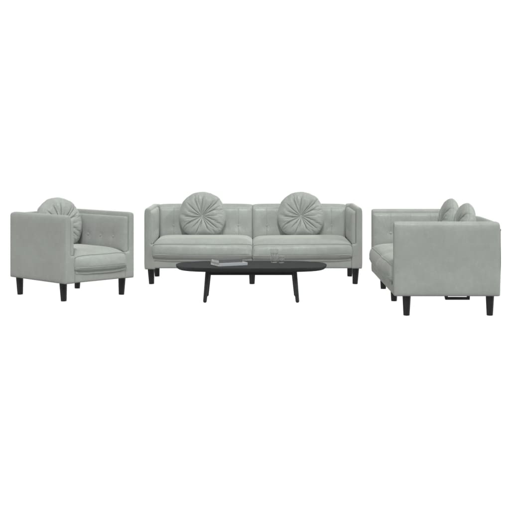 vidaXL Set de canapele, 3 piese, cu perne, gri deschis, catifea vidaXL Set de canapele, 3 piese, cu perne, gri deschis, catifea