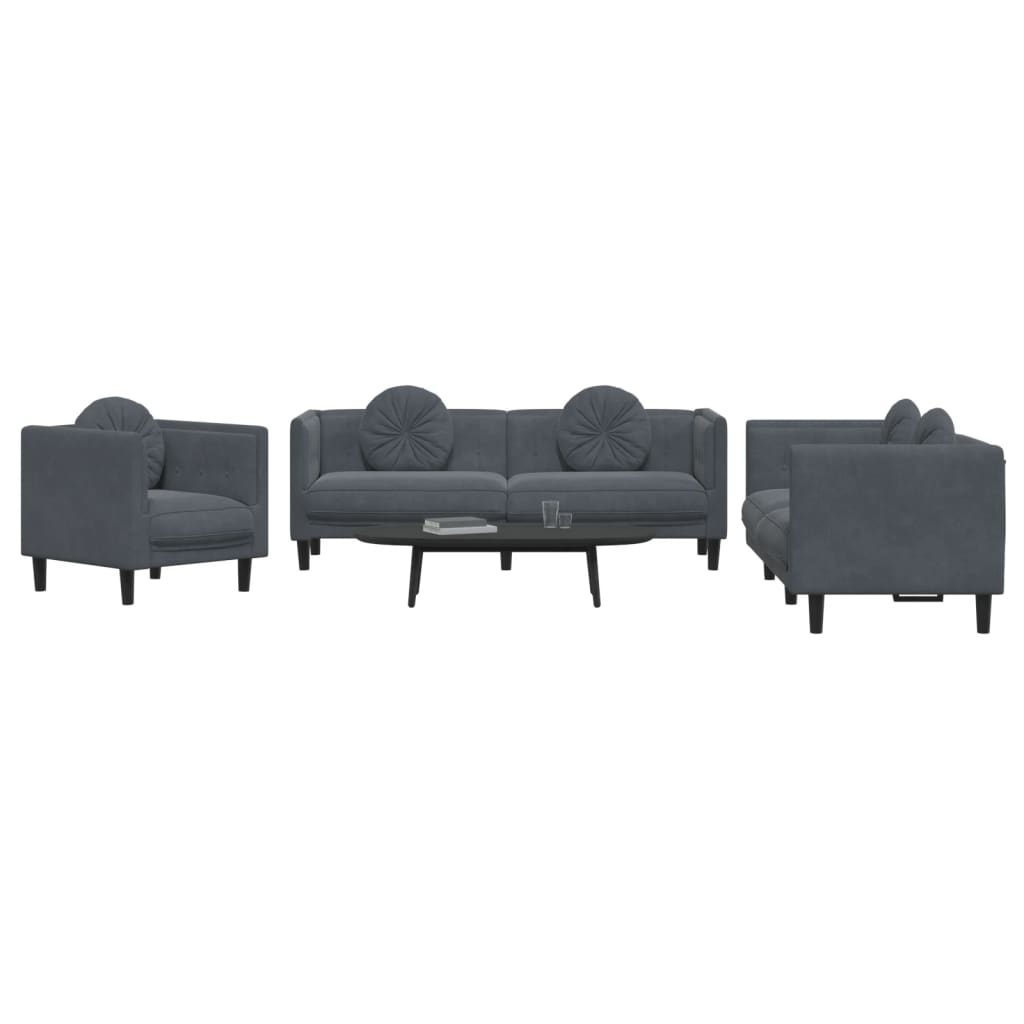 vidaXL Set canapea cu perne, 3 piese, gri închis, catifea