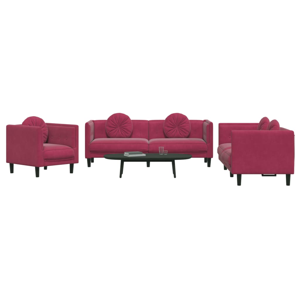 vidaXL Set canapele cu perne, 3 piese, roșu vin, catifea vidaXL Set canapele cu perne, 3 piese, roșu vin, catifea