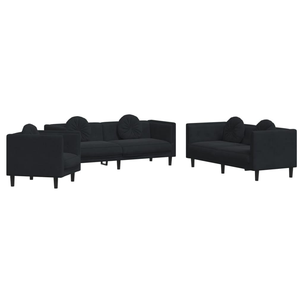 vidaXL Set de canapele cu perne, 3 piese, negru, catifea vidaXL Set de canapele cu perne, 3 piese, negru, catifea