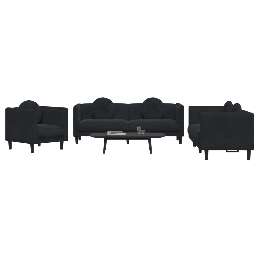 vidaXL Set de canapele cu perne, 3 piese, negru, catifea vidaXL Set de canapele cu perne, 3 piese, negru, catifea