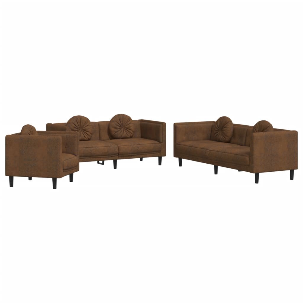 vidaXL Set de canapele cu perne, 3 piese, maro, catifea vidaXL Set de canapele cu perne, 3 piese, maro, catifea
