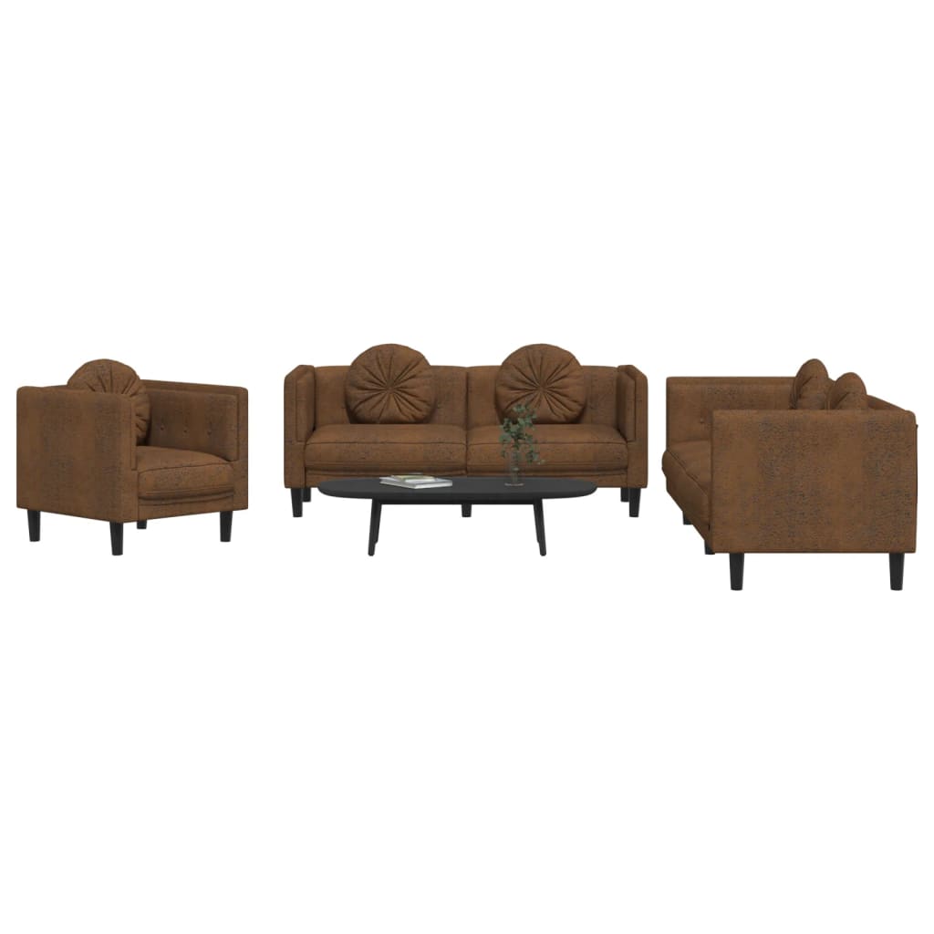 vidaXL Set de canapele cu perne, 3 piese, maro, catifea vidaXL Set de canapele cu perne, 3 piese, maro, catifea