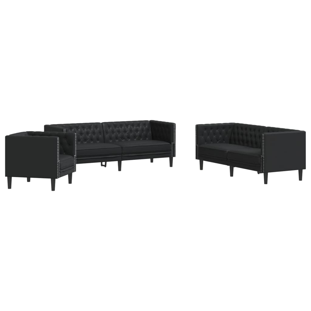 vidaXL Set canapele Chesterfield cu 3 locuri, negru, piele eco. vidaXL Set canapele Chesterfield cu 3 locuri, negru, piele eco.