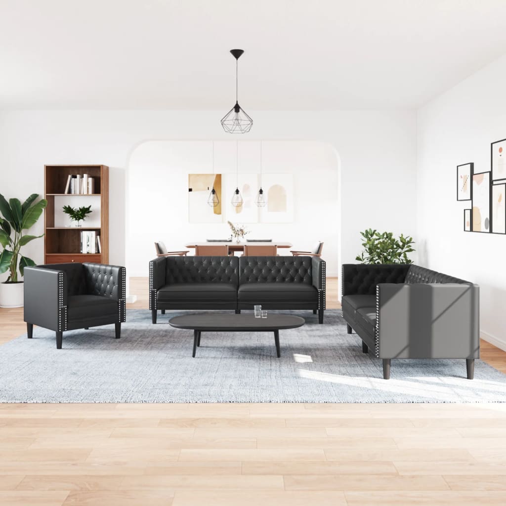 vidaXL Set canapele Chesterfield cu 3 locuri, negru, piele eco. vidaXL Set canapele Chesterfield cu 3 locuri, negru, piele eco.