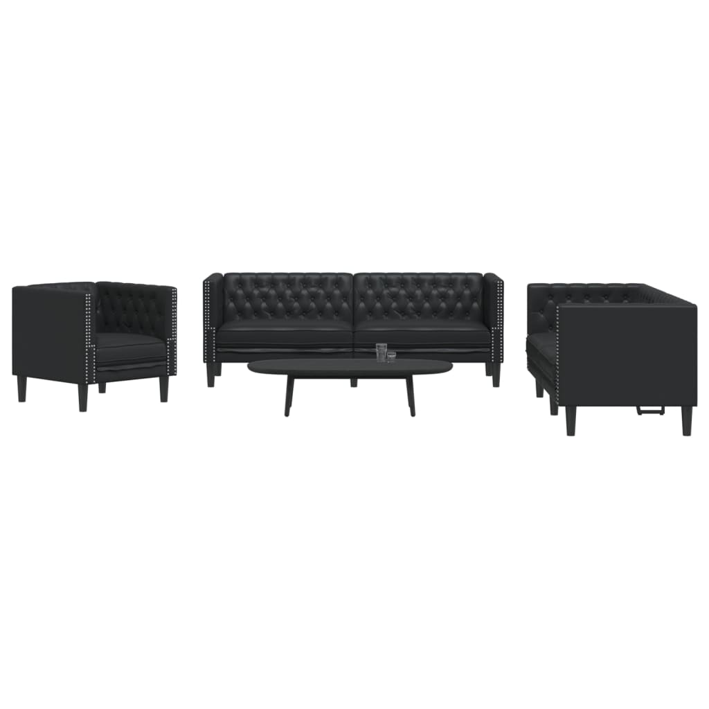 vidaXL Set canapele Chesterfield cu 3 locuri, negru, piele eco. vidaXL Set canapele Chesterfield cu 3 locuri, negru, piele eco.