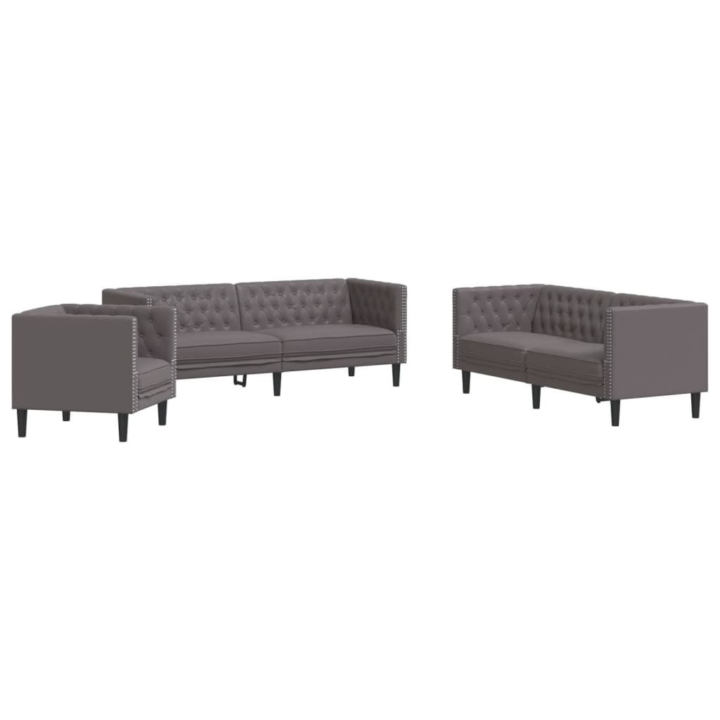 vidaXL Set canapele Chesterfield cu 3 locuri, gri, piele eco. vidaXL Set canapele Chesterfield cu 3 locuri, gri, piele eco.