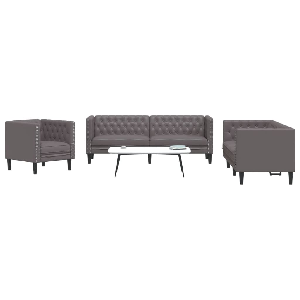 vidaXL Set canapele Chesterfield cu 3 locuri, gri, piele eco. vidaXL Set canapele Chesterfield cu 3 locuri, gri, piele eco.