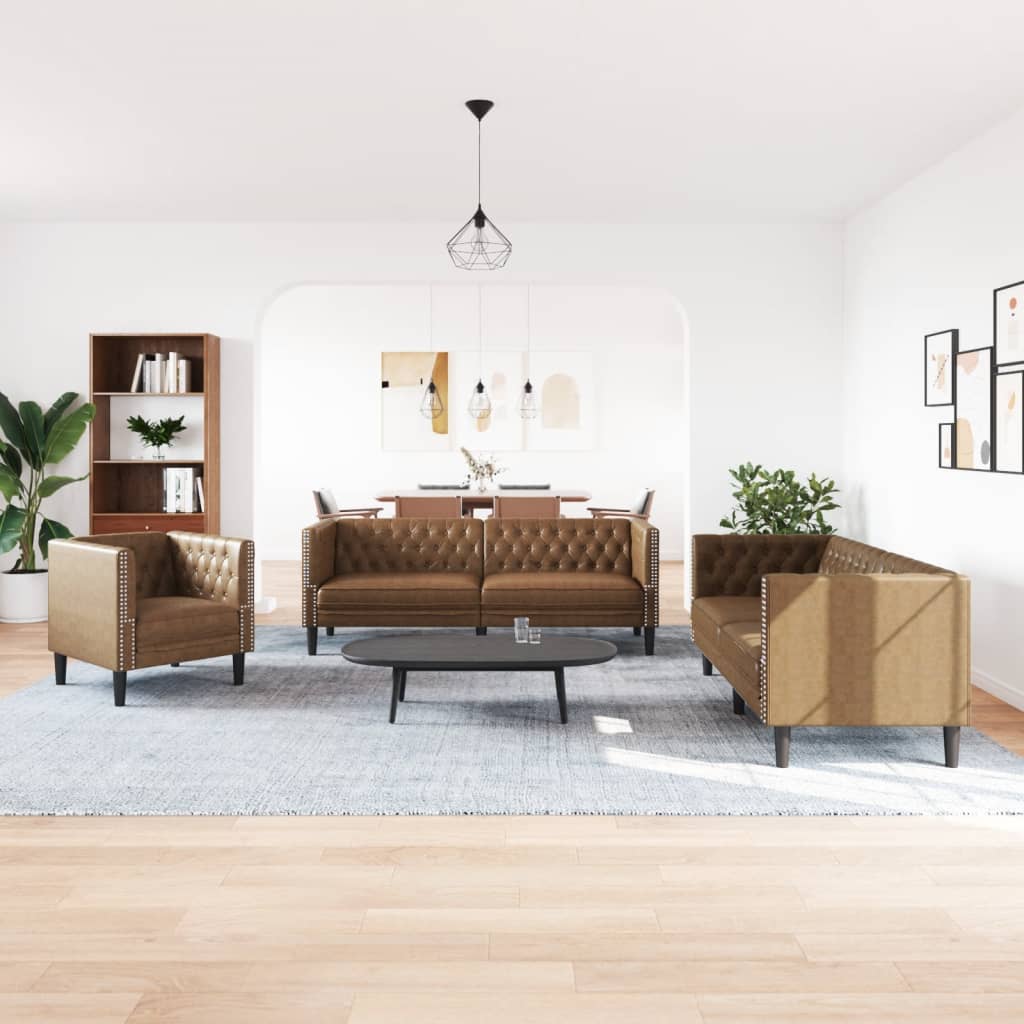 vidaXL Set canapele Chesterfield cu 3 locuri, maro piele întoarsă eco. vidaXL Set canapele Chesterfield cu 3 locuri, maro piele întoarsă eco.