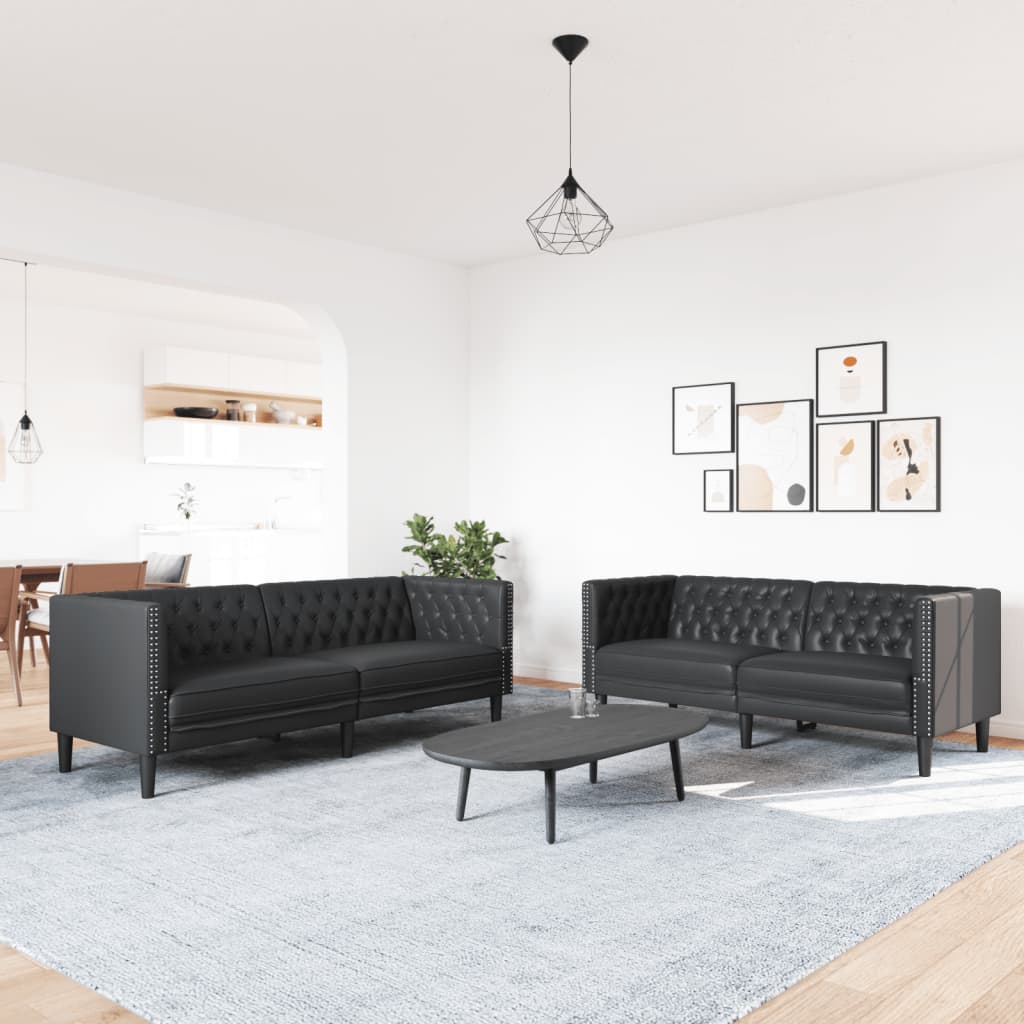 vidaXL Set canapele Chesterfield cu 2 locuri, negru, piele eco.