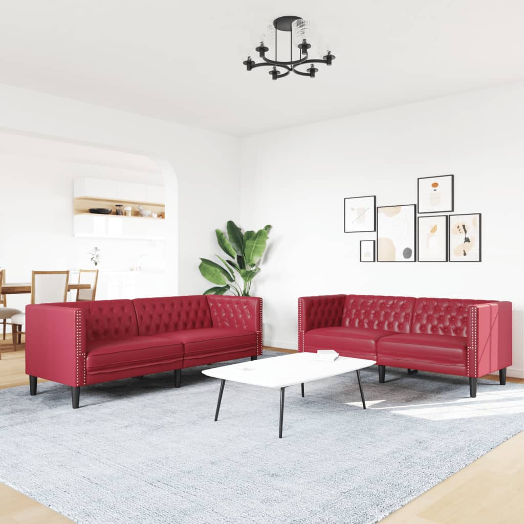 vidaXL Set canapele Chesterfield cu 2 locuri roșu vin piele eco.