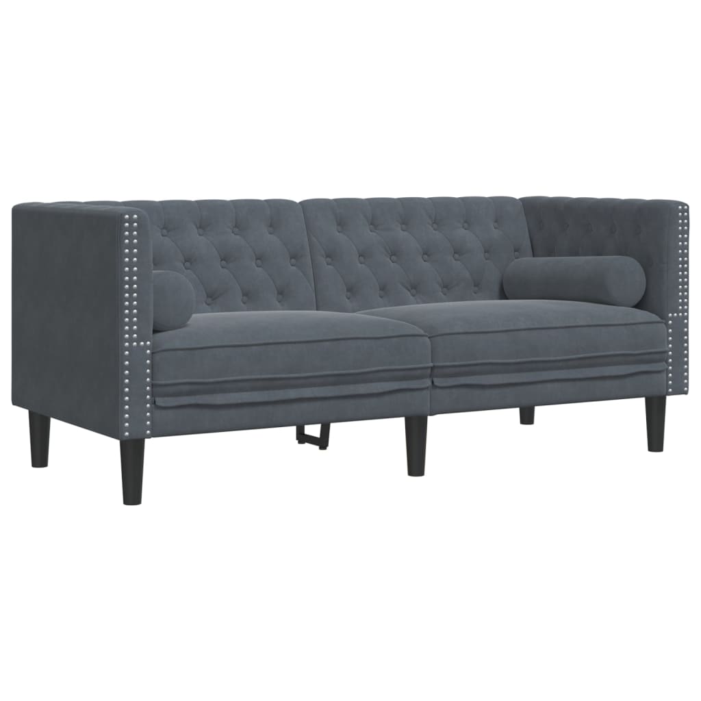vidaXL Set canapele Chesterfield cu perne rulou, 3 piese, gri, catifea vidaXL Set canapele Chesterfield cu perne rulou, 3 piese, gri, catifea