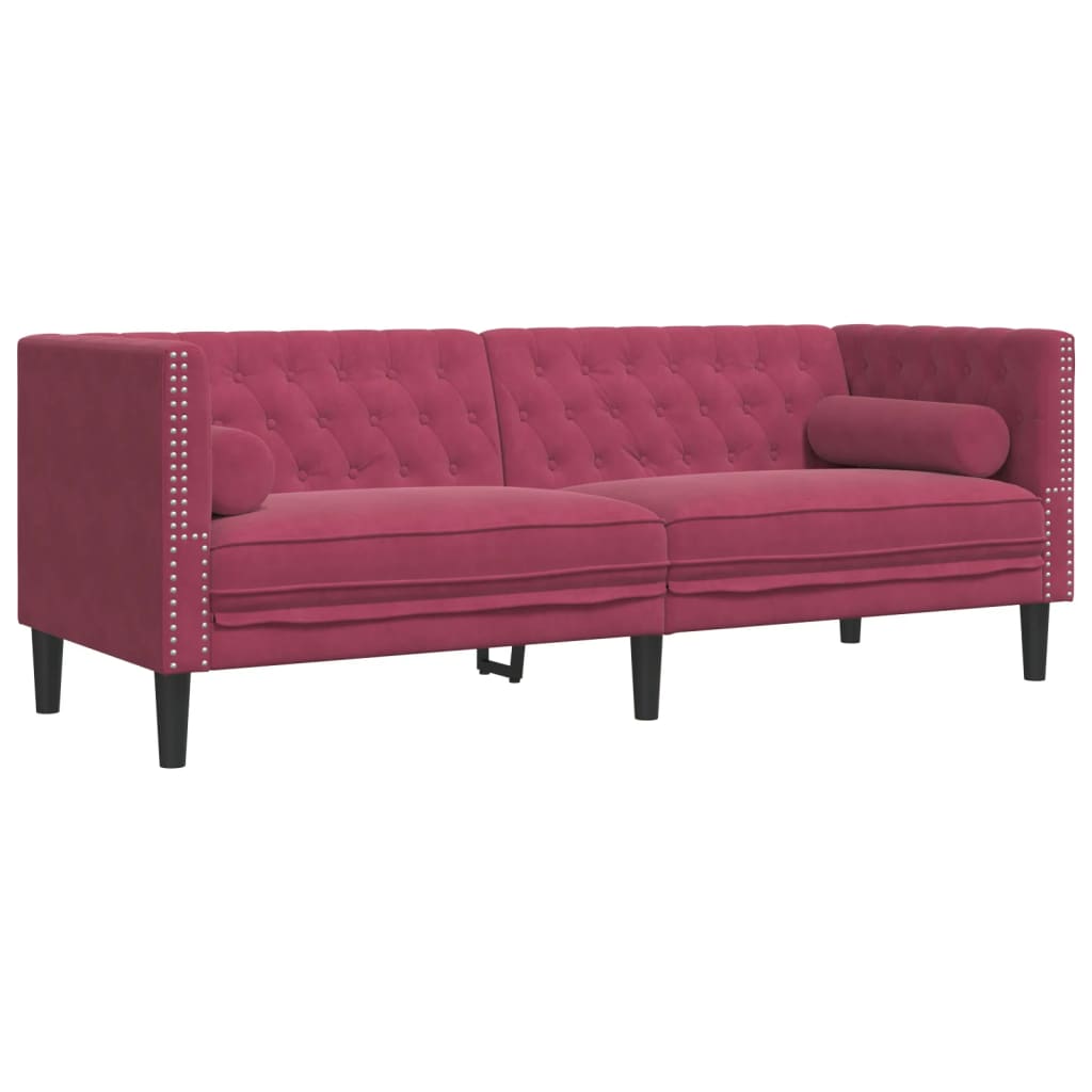vidaXL Set canapele Chesterfield perne rulou 3 piese roșu vin catifea