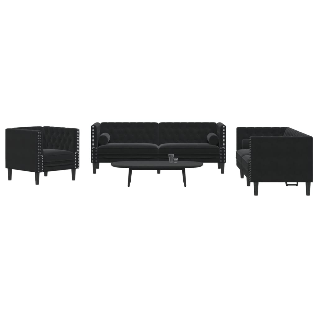 vidaXL Set canapele Chesterfield cu perne rulou 3 piese negru catifea vidaXL Set canapele Chesterfield cu perne rulou 3 piese negru catifea