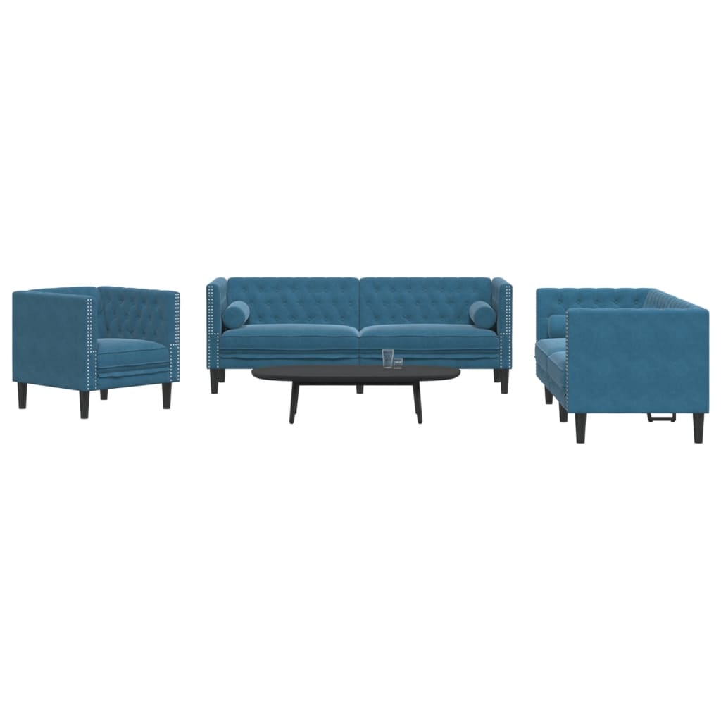 vidaXL Set canapele Chesterfield perne rulou 3 piese albastru catifea vidaXL Set canapele Chesterfield perne rulou 3 piese albastru catifea