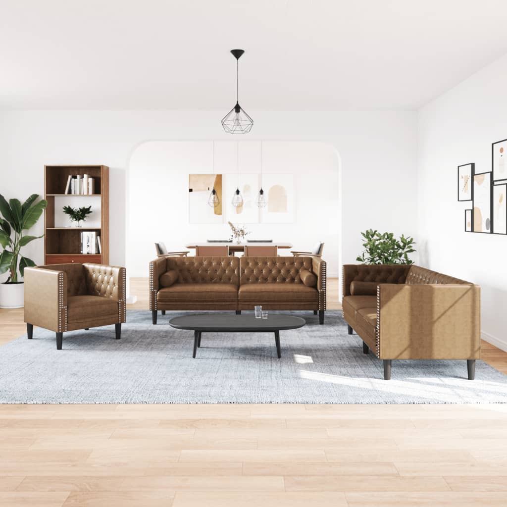 vidaXL Set canapele Chesterfield perne 3 piese maro piele întoarsă eco vidaXL Set canapele Chesterfield perne 3 piese maro piele întoarsă eco