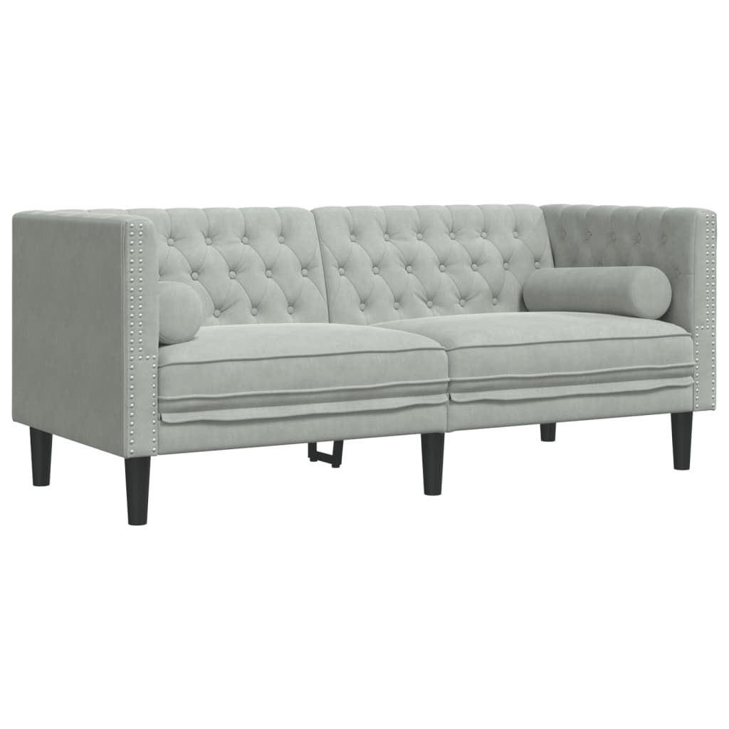 vidaXL Set canapele Chesterfield cu perne rulou, 2 piese, gri, catifea vidaXL Set canapele Chesterfield cu perne rulou, 2 piese, gri, catifea