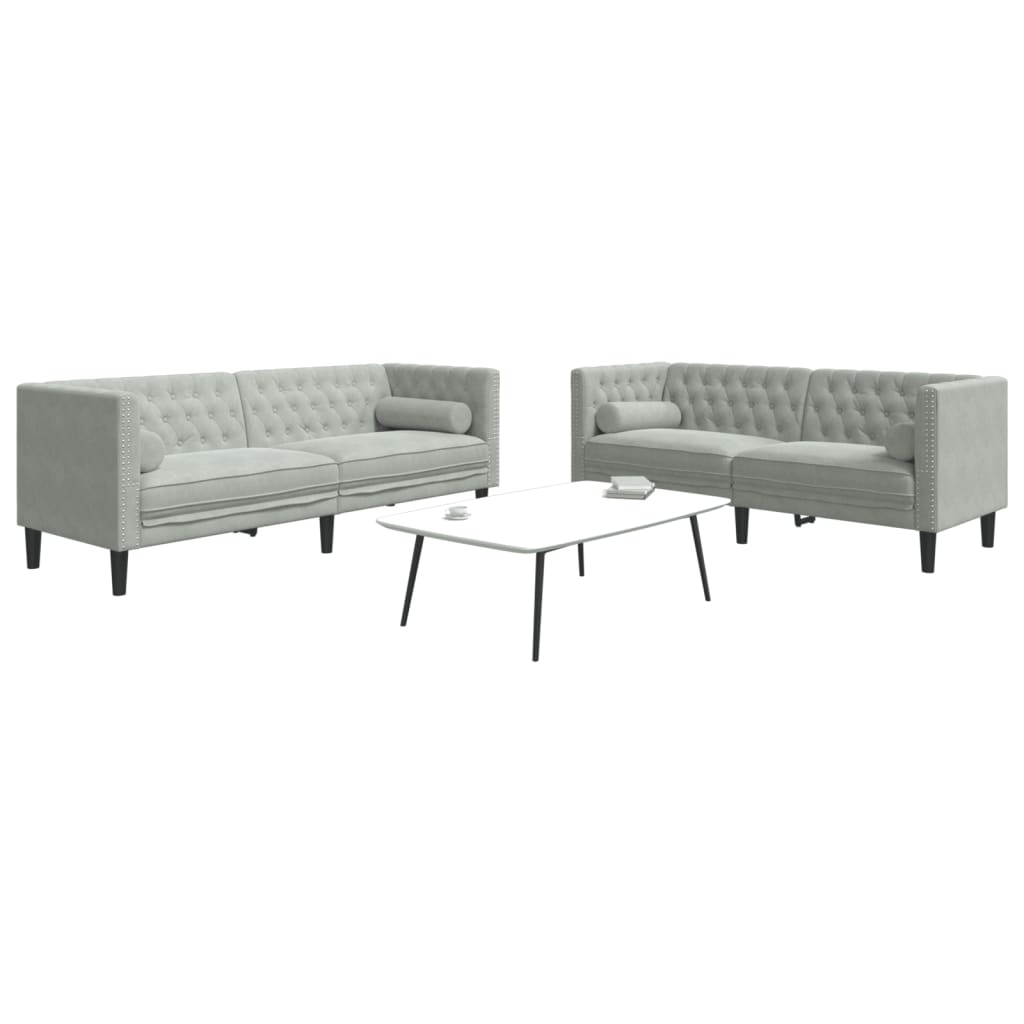 vidaXL Set canapele Chesterfield cu perne rulou, 2 piese, gri, catifea vidaXL Set canapele Chesterfield cu perne rulou, 2 piese, gri, catifea