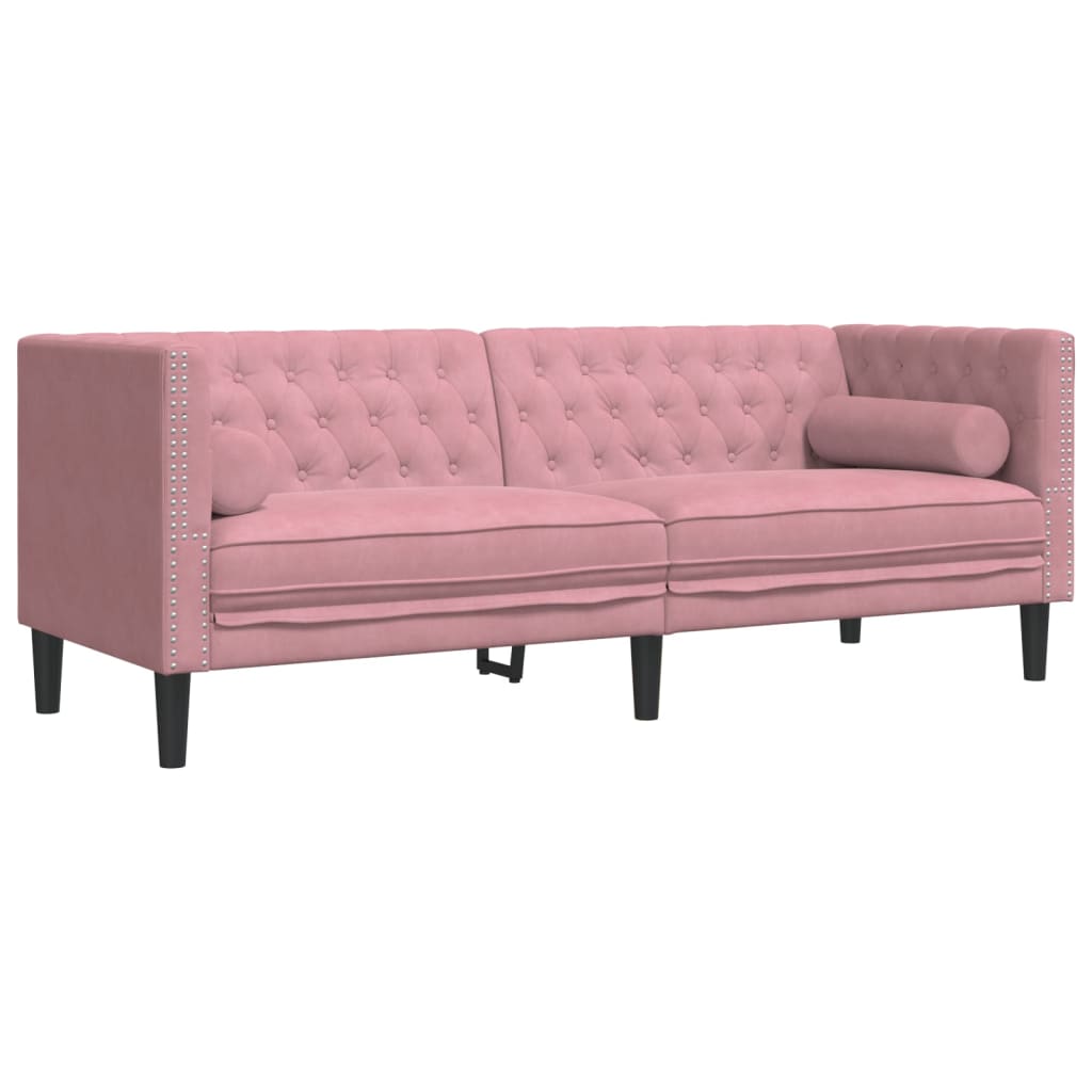 vidaXL Set canapele Chesterfield cu perne rulou, 2 piese, roz, catifea