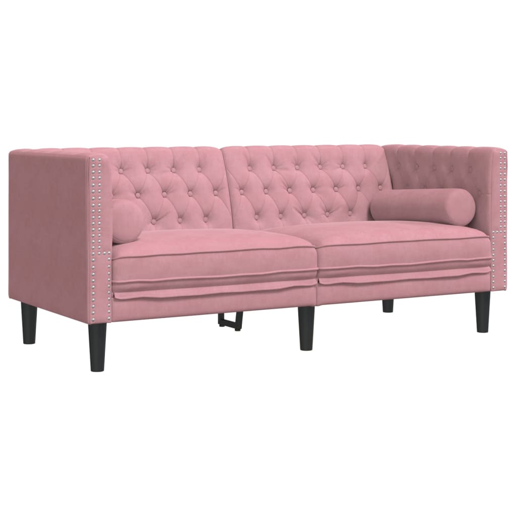 vidaXL Set canapele Chesterfield cu perne rulou, 2 piese, roz, catifea