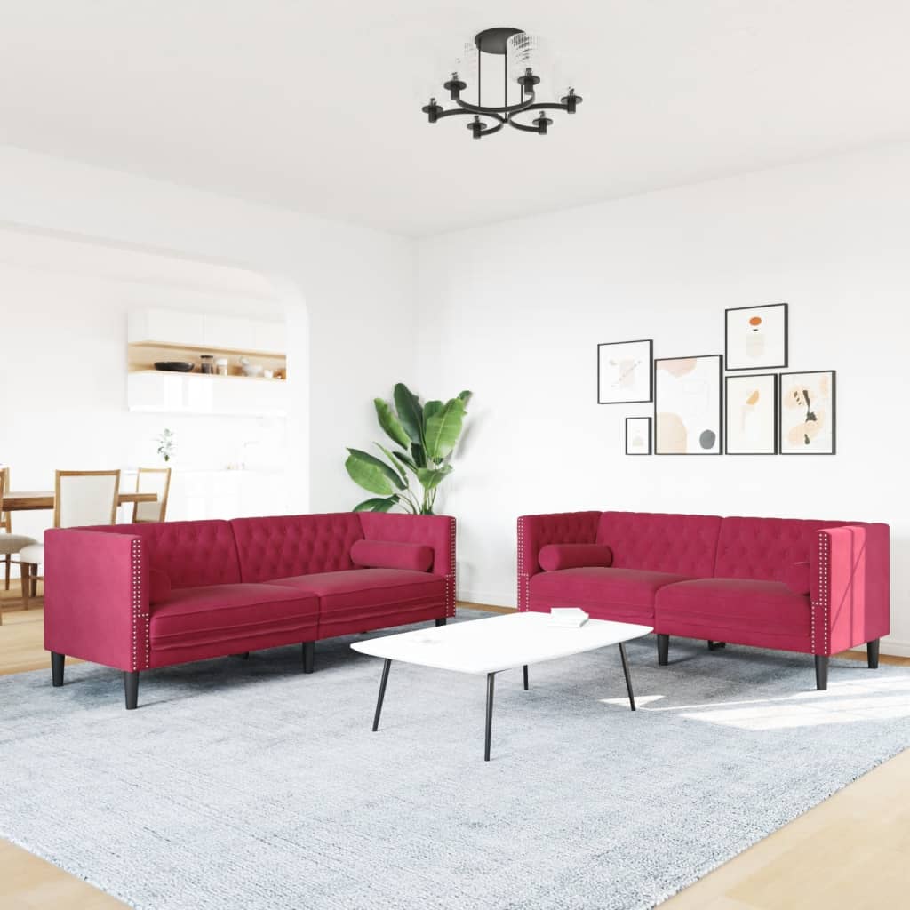vidaXL Set canapele Chesterfield perne rulou 2 piese roșu vin catifea