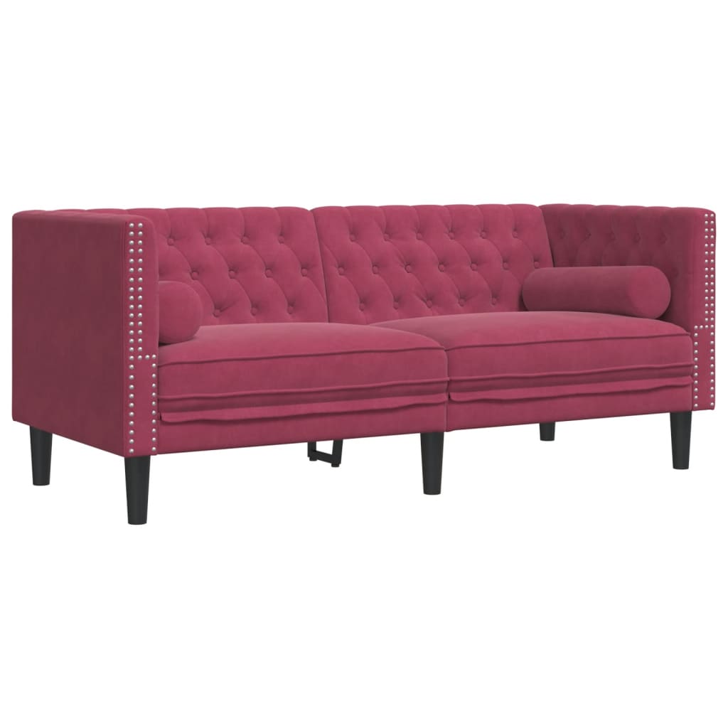 vidaXL Set canapele Chesterfield perne rulou 2 piese roșu vin catifea