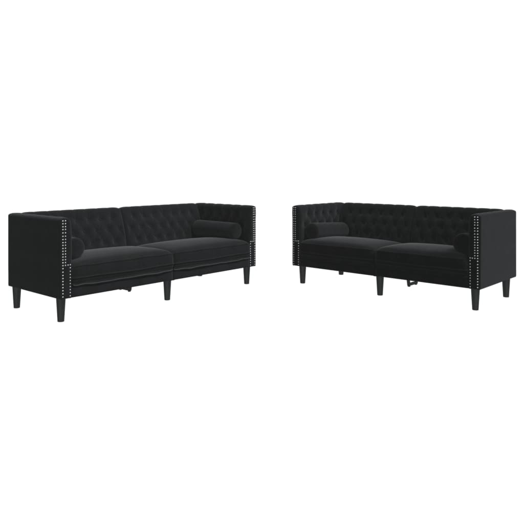 vidaXL Set canapele Chesterfield cu perne rulou 2 piese negru catifea vidaXL Set canapele Chesterfield cu perne rulou 2 piese negru catifea