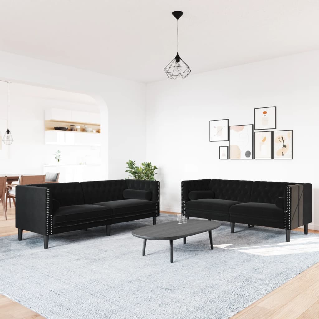 vidaXL Set canapele Chesterfield cu perne rulou 2 piese negru catifea vidaXL Set canapele Chesterfield cu perne rulou 2 piese negru catifea