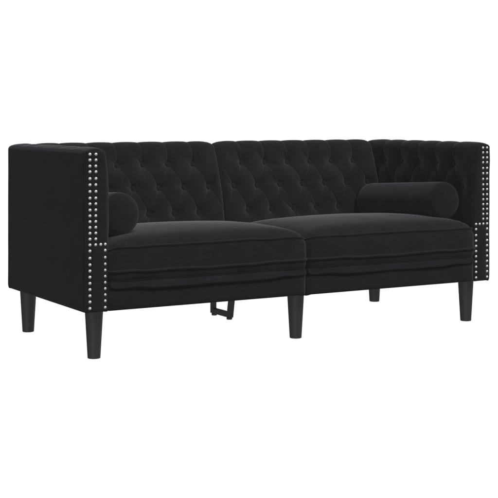 vidaXL Set canapele Chesterfield cu perne rulou 2 piese negru catifea vidaXL Set canapele Chesterfield cu perne rulou 2 piese negru catifea