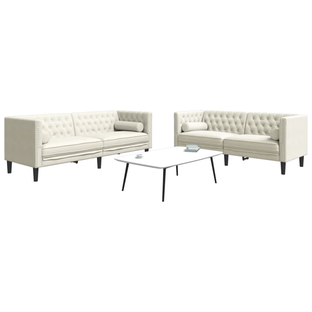 vidaXL Set canapele Chesterfield cu perne rulou 2 piese, crem, catifea vidaXL Set canapele Chesterfield cu perne rulou 2 piese, crem, catifea
