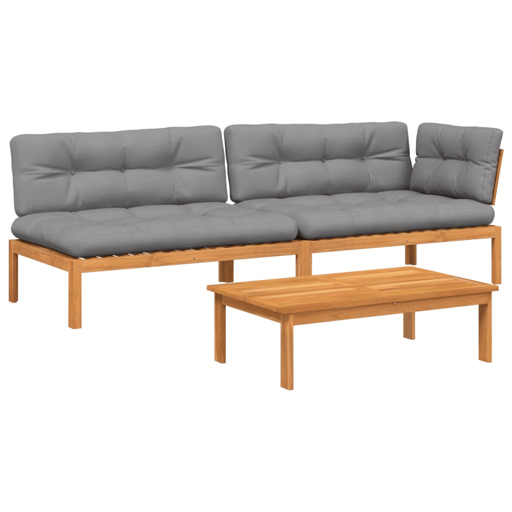 vidaXL Set canapele grădină cu perne din paleți, 3 piese, lemn acacia vidaXL Set canapele grădină cu perne din paleți, 3 piese, lemn acacia