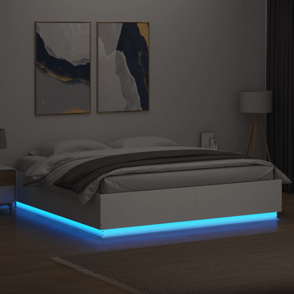 vidaXL Cadru de pat cu lumini LED, alb, 200x200 cm, lemn prelucrat vidaXL Cadru de pat cu lumini LED, alb, 200x200 cm, lemn prelucrat