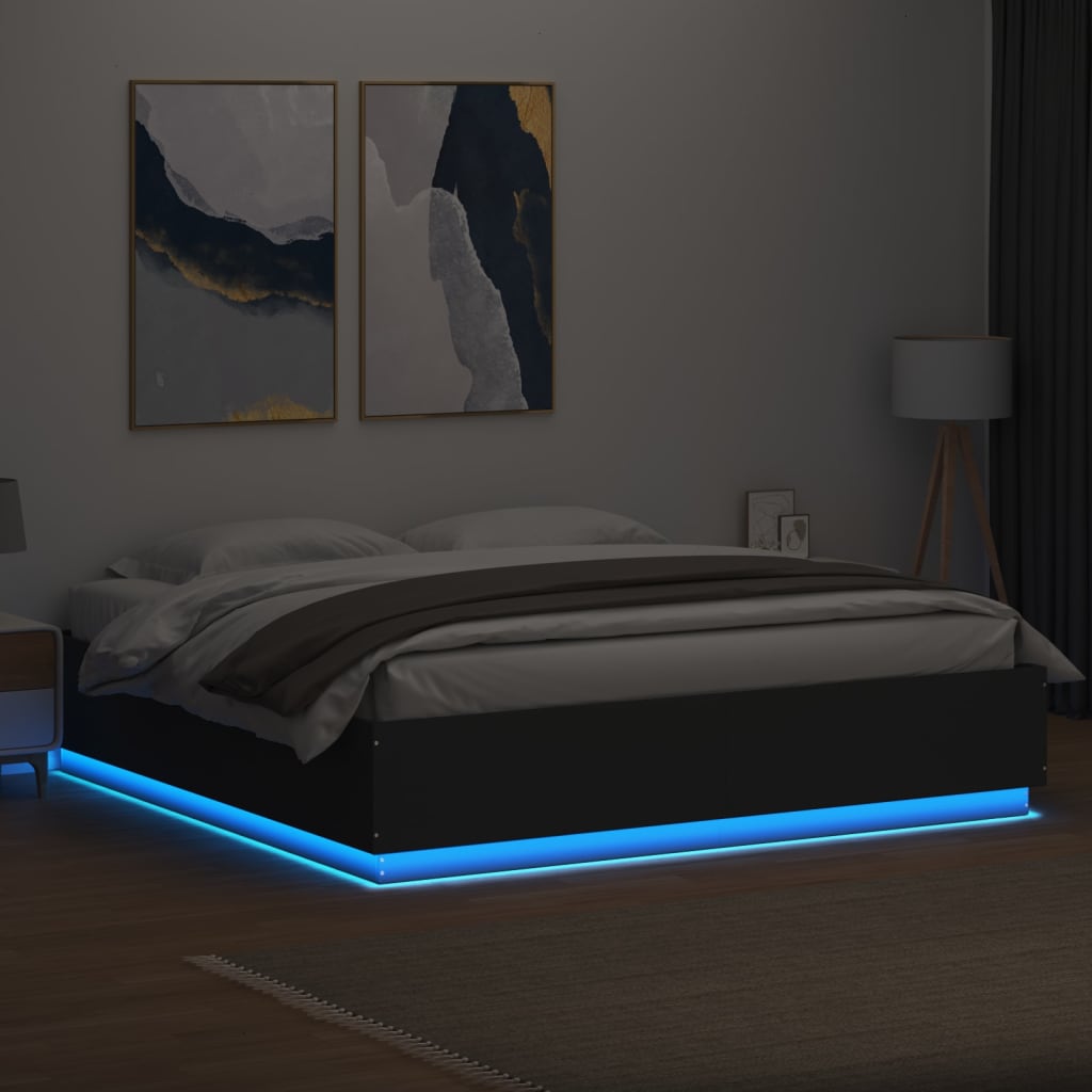 vidaXL Cadru de pat cu lumini LED, negru, 200x200 cm, lemn prelucrat