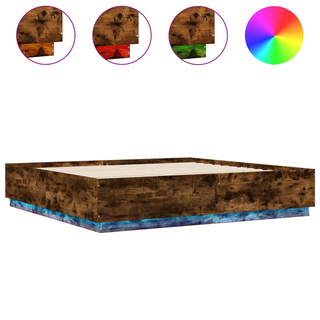 vidaXL Cadru de pat cu LED stejar fumuriu 200x200cm lemn prelucrat