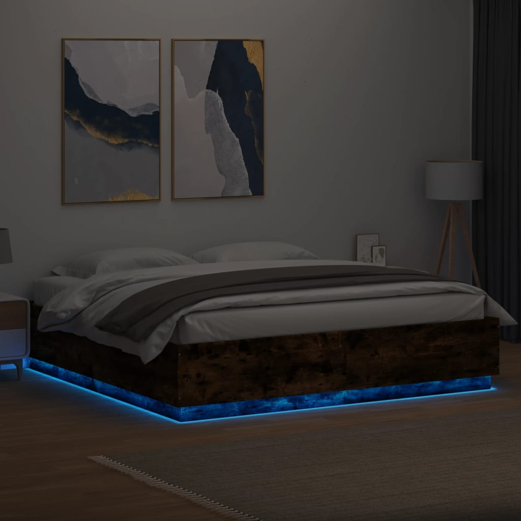 vidaXL Cadru de pat cu LED stejar fumuriu 200x200cm lemn prelucrat