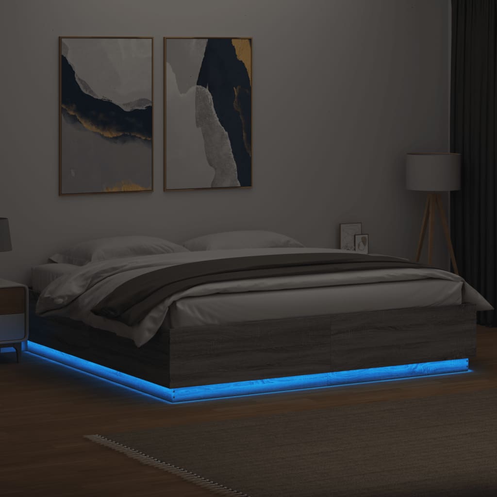 vidaXL Cadru de pat cu lumini LED gri sonoma 200x200 cm lemn prelucrat vidaXL Cadru de pat cu lumini LED gri sonoma 200x200 cm lemn prelucrat