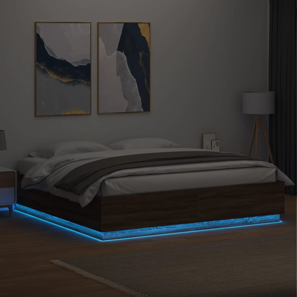 vidaXL Cadru de pat cu lumini LED stejar maro 200x200cm lemn prelucrat