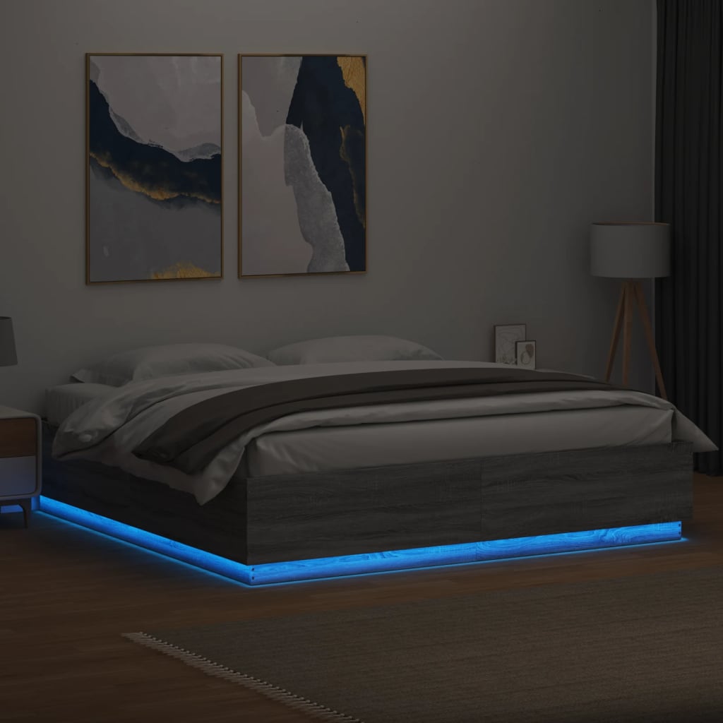vidaXL Cadru de pat cu lumini LED gri sonoma 180x200 cm lemn prelucrat vidaXL Cadru de pat cu lumini LED gri sonoma 180x200 cm lemn prelucrat