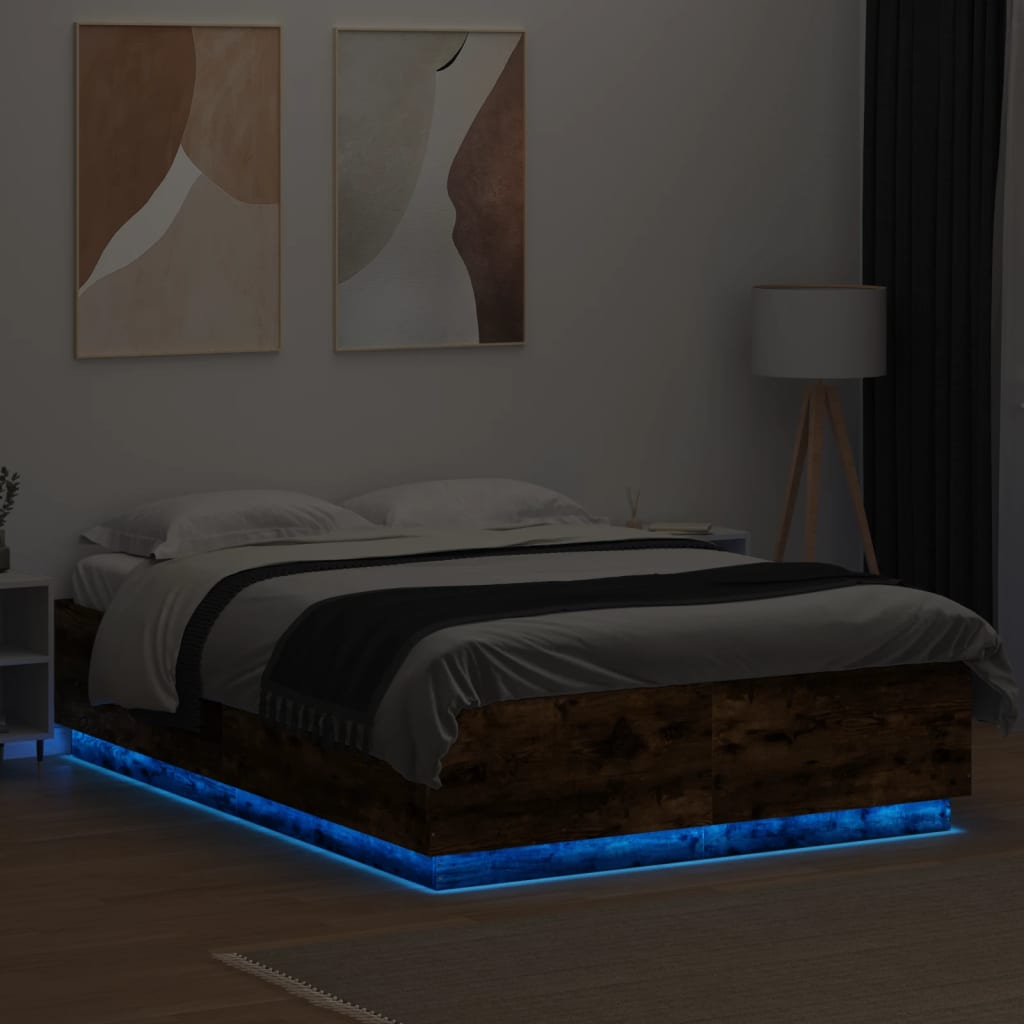 vidaXL Cadru de pat cu LED stejar fumuriu 160x200cm lemn prelucrat