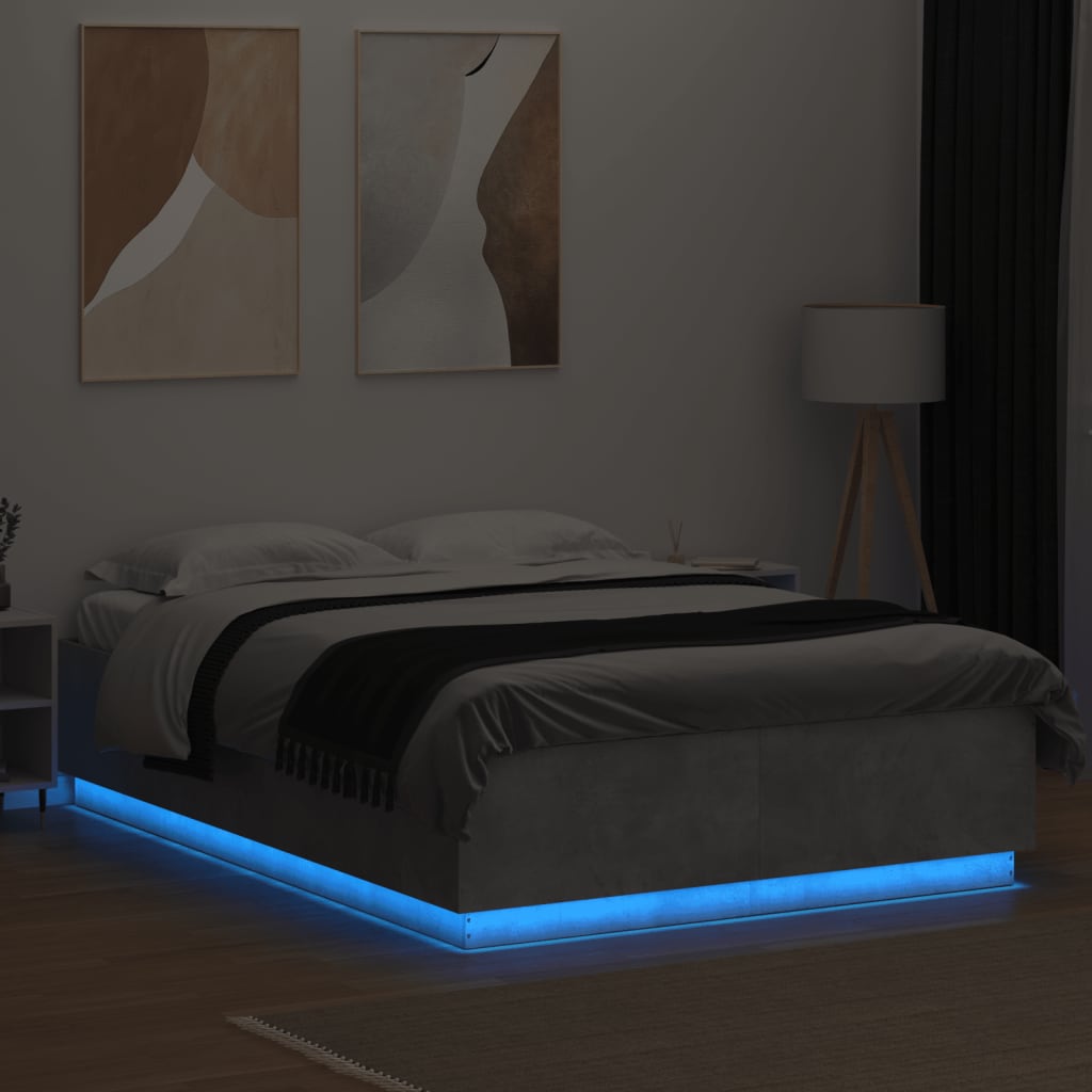 vidaXL Cadru de pat cu lumini LED gri beton 150x200 cm, lemn prelucrat vidaXL Cadru de pat cu lumini LED gri beton 150x200 cm, lemn prelucrat