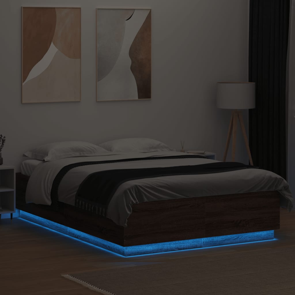 vidaXL Cadru de pat cu lumini LED stejar maro 150x200cm lemn prelucrat vidaXL Cadru de pat cu lumini LED stejar maro 150x200cm lemn prelucrat