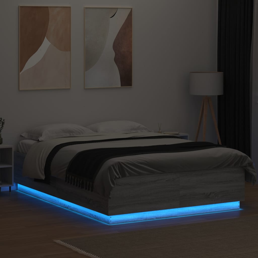 vidaXL Cadru de pat cu lumini LED gri sonoma 120x200 cm lemn prelucrat vidaXL Cadru de pat cu lumini LED gri sonoma 120x200 cm lemn prelucrat