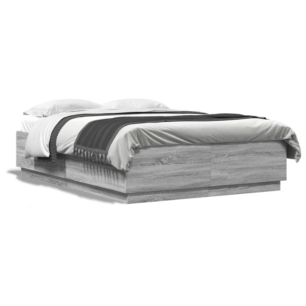 vidaXL Cadru de pat cu lumini LED gri sonoma 120x200 cm lemn prelucrat vidaXL Cadru de pat cu lumini LED gri sonoma 120x200 cm lemn prelucrat