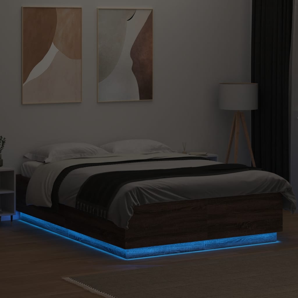 vidaXL Cadru de pat cu lumini LED stejar maro 120x200cm lemn prelucrat vidaXL Cadru de pat cu lumini LED stejar maro 120x200cm lemn prelucrat